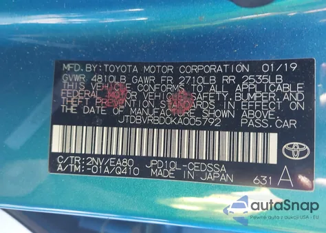 2019 Toyota Mirai z USA, uszkodzony, nr VIN JTDBVRBD0KA005792